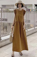 Korean Style Loose and Slim Petal Sleeve Sleeveless Dress Long Casual Knee-Length Temperament Long Dress with Pockets and Belt in Brown