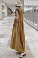 Korean Style Loose and Slim Petal Sleeve Sleeveless Dress Long Casual Knee-Length Temperament Long Dress with Pockets and Belt in Brown