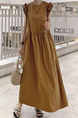 Korean Style Loose and Slim Petal Sleeve Sleeveless Dress Long Casual Knee-Length Temperament Long Dress with Pockets and Belt in Brown