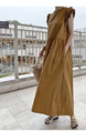 Korean Style Loose and Slim Petal Sleeve Sleeveless Dress Long Casual Knee-Length Temperament Long Dress with Pockets and Belt in Brown