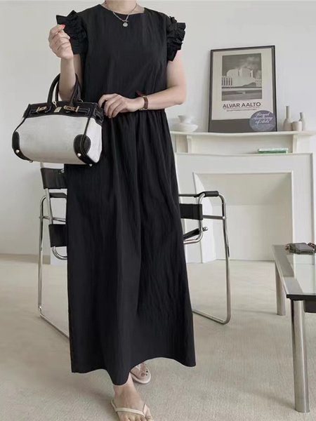 Korean Style Loose and Slim Petal Sleeve Sleeveless Dress Long Casual Knee-Length Temperament Long Dress with Pockets and Belt in Black