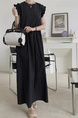 Korean Style Loose and Slim Petal Sleeve Sleeveless Dress Long Casual Knee-Length Temperament Long Dress with Pockets and Belt in Black