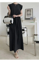 Korean Style Loose and Slim Petal Sleeve Sleeveless Dress Long Casual Knee-Length Temperament Long Dress with Pockets and Belt in Black