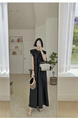 Korean Style Loose and Slim Petal Sleeve Sleeveless Dress Long Casual Knee-Length Temperament Long Dress with Pockets and Belt in Black