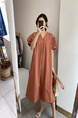 Korean Ins Summer V-Neck Loose Medium-Length Casual Slim Short-Sleeved Dress for Women with Pockets on Both Sides in Terracotta