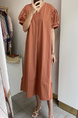 Korean Ins Summer V-Neck Loose Medium-Length Casual Slim Short-Sleeved Dress for Women with Pockets on Both Sides in Terracotta
