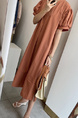 Korean Ins Summer V-Neck Loose Medium-Length Casual Slim Short-Sleeved Dress for Women with Pockets on Both Sides in Terracotta