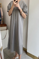 Korean Ins Summer V-Neck Loose Medium-Length Casual Slim Short-Sleeved Dress for Women with Pockets on Both Sides in Light Gray