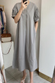 Korean Ins Summer V-Neck Loose Medium-Length Casual Slim Short-Sleeved Dress for Women with Pockets on Both Sides in Light Gray
