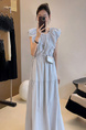 High-grade temperament puff sleeve dress female 2025 summer new Korean style fashion high waist small size A-line skirt in Light Blue