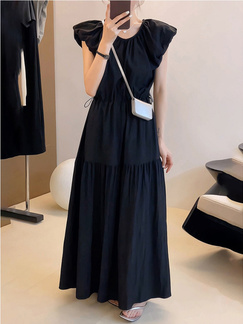 High-grade temperament puff sleeve dress female 2025 summer new Korean style fashion high waist small size A-line skirt in Black