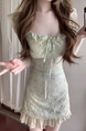 H2an1 Studio Girl Original Sweet Mint Green Flying Sleeve Fitted Waist Bubble Strap Floral Dress Female Summer in Mint Green