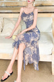 2025 Floral Haze Blue Retro Skirt Royal Sister Light Mature Style Slim Suspender Dress in Denim Blue