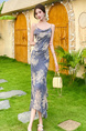 2025 Floral Haze Blue Retro Skirt Royal Sister Light Mature Style Slim Suspender Dress in Denim Blue