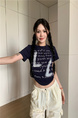 Real shot and real price 2025 summer new American letter pleated slim short versatile short-sleeved T-shirt tops for women in Dark Navy Blue