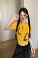 Real shot and real price 2025 summer new American letter pleated slim short versatile short-sleeved T-shirt tops for women in Bright Yellow