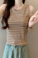 Real shot wholesale price 2025 summer new sweet and spicy style rainbow contrast striped lace knitted tops for women in Brown and Cream.