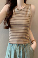 Real shot wholesale price 2025 summer new sweet and spicy style rainbow contrast striped lace knitted tops for women in Brown and Cream.