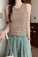 Real shot wholesale price 2025 summer new sweet and spicy style rainbow contrast striped lace knitted tops for women in Brown and Cream.