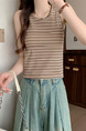 Real shot wholesale price 2025 summer new sweet and spicy style rainbow contrast striped lace knitted tops for women in Brown and Cream.