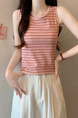 Real shot wholesale price 2025 summer new sweet and spicy style rainbow contrast striped lace knitted tops for women in Coral and Cream.