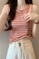 Real shot wholesale price 2025 summer new sweet and spicy style rainbow contrast striped lace knitted tops for women in Coral and Cream.