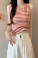 Real shot wholesale price 2025 summer new sweet and spicy style rainbow contrast striped lace knitted tops for women in Coral and Cream.