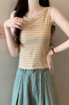 Real shot wholesale price 2025 summer new sweet and spicy style rainbow contrast striped lace knitted tops for women in Beige and Cream.