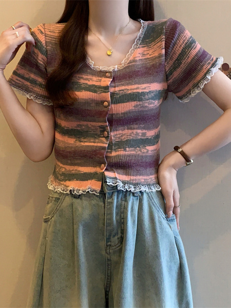 Real shot wholesale price 2025 summer new sweet and spicy style rainbow contrast striped lace knitted tops for women in Pink, Purple, and Green.