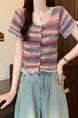 Real shot wholesale price 2025 summer new sweet and spicy style rainbow contrast striped lace knitted tops for women in Pink, Purple, and Green.