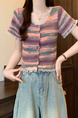 Real shot wholesale price 2025 summer new sweet and spicy style rainbow contrast striped lace knitted tops for women in Pink, Purple, and Green.