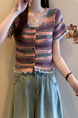 Real shot wholesale price 2025 summer new sweet and spicy style rainbow contrast striped lace knitted tops for women in Pink, Purple, and Green.