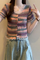 Real shot wholesale price 2025 summer new sweet and spicy style rainbow contrast striped lace knitted tops for women in Pink, Purple, and Green.