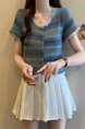 Real shot wholesale price 2025 summer new sweet and spicy style rainbow contrast striped lace knitted tops for women in Blue and Green.