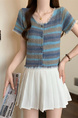 Real shot wholesale price 2025 summer new sweet and spicy style rainbow contrast striped lace knitted tops for women in Blue and Green.