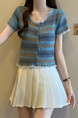 Real shot wholesale price 2025 summer new sweet and spicy style rainbow contrast striped lace knitted tops for women in Blue and Green.