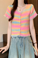 Real shot wholesale price 2025 summer new sweet and spicy style rainbow contrast striped lace knitted tops for women in Pink, Blue, and Yellow.