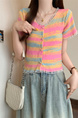 Real shot wholesale price 2025 summer new sweet and spicy style rainbow contrast striped lace knitted tops for women in Pink, Blue, and Yellow.