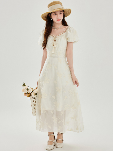 French Apricot Square Neck Short-Sleeved Dress Female Summer Temperament Sweet Waist Long Dress 2025 - Cream