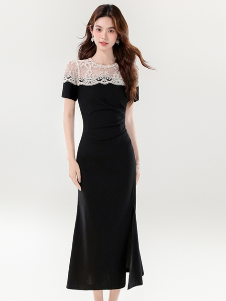 Real Shot 2025 Summer New Socialite Elegant Lace Embroidery Waist Slimming Long Split Sheath Dress - BLACK