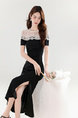 Real Shot 2025 Summer New Socialite Elegant Lace Embroidery Waist Slimming Long Split Sheath Dress - BLACK