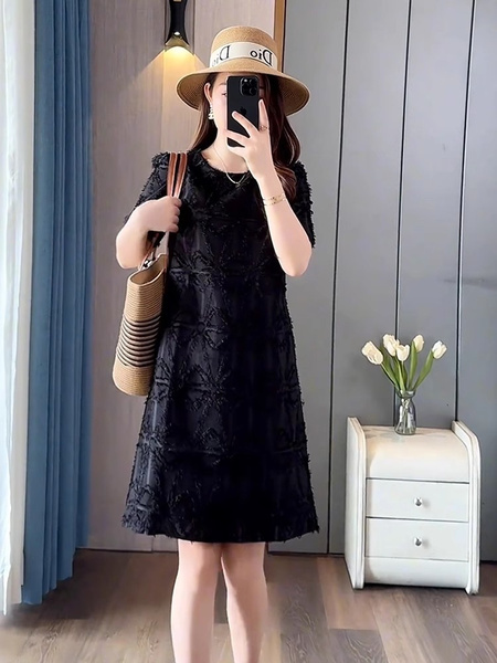 In Stock European Goods High-End Loose Design Midi Dress Summer New High-End Slim Fit Slimming Temperament Dress - BLACK