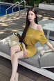 Yellow Shoulder Short-Sleeved T-shirt Dress Women's Summer Design Slim Fit Waist-Slimming Dress Hot Girl Style Hip Skirt - MUSTARD
