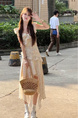 High Quality and Quality! Floral Strap Dress Women's Clothing Summer Ruffles Tight Waist Skirt A-Line Skirt Temperament Long Dress in Cream with Floral Print