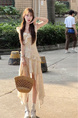 High Quality and Quality! Floral Strap Dress Women's Clothing Summer Ruffles Tight Waist Skirt A-Line Skirt Temperament Long Dress in Cream with Floral Print