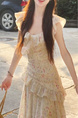High Quality and Quality! Floral Strap Dress Women's Clothing Summer Ruffles Tight Waist Skirt A-Line Skirt Temperament Long Dress in Cream with Floral Print