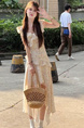 High Quality and Quality! Floral Strap Dress Women's Clothing Summer Ruffles Tight Waist Skirt A-Line Skirt Temperament Long Dress in Cream with Floral Print