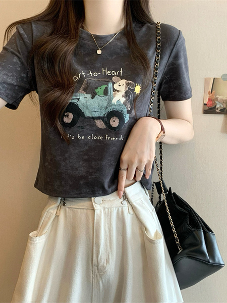 Real shot and real price new version of American retro tie-dye print design short-sleeved T-shirt in Charcoal Gray