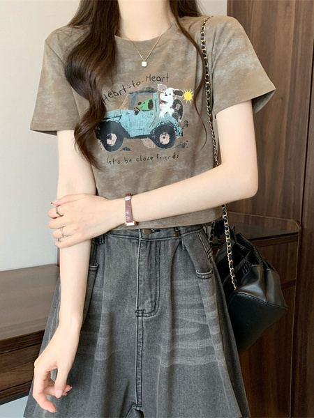 Real shot and real price new version of American retro tie-dye print design short-sleeved T-shirt in Brown