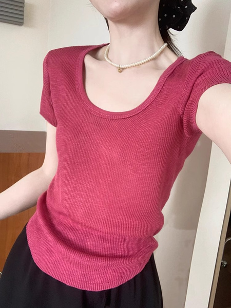 Simple Style U-Neck Short Sleeve 2025 Spring New Korean Style Slim Fit Slimming Leisure Anti-Aging Top T-shirt in Raspberry Pink